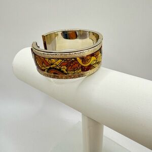 Vintage Hand-Painted Floral Enamel Cuff Bracelet in Yellow and Orange
